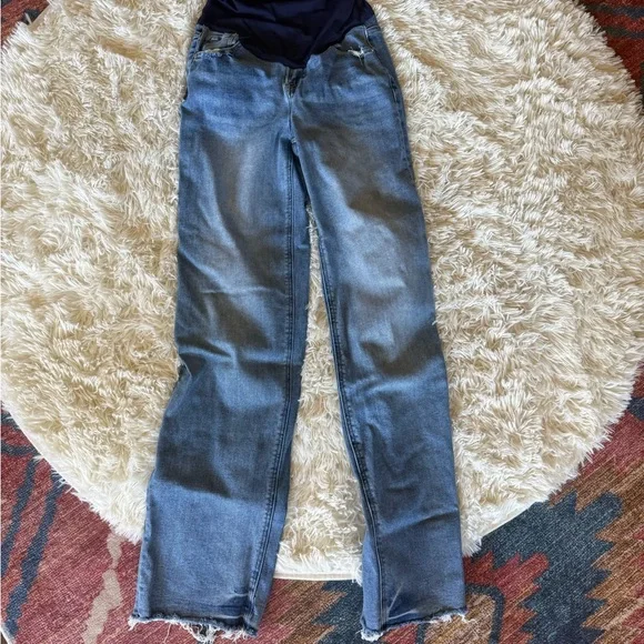 Blue Vintage Wash Raw Hem Wide Leg Maternity Jeans - Picture 5 of 6